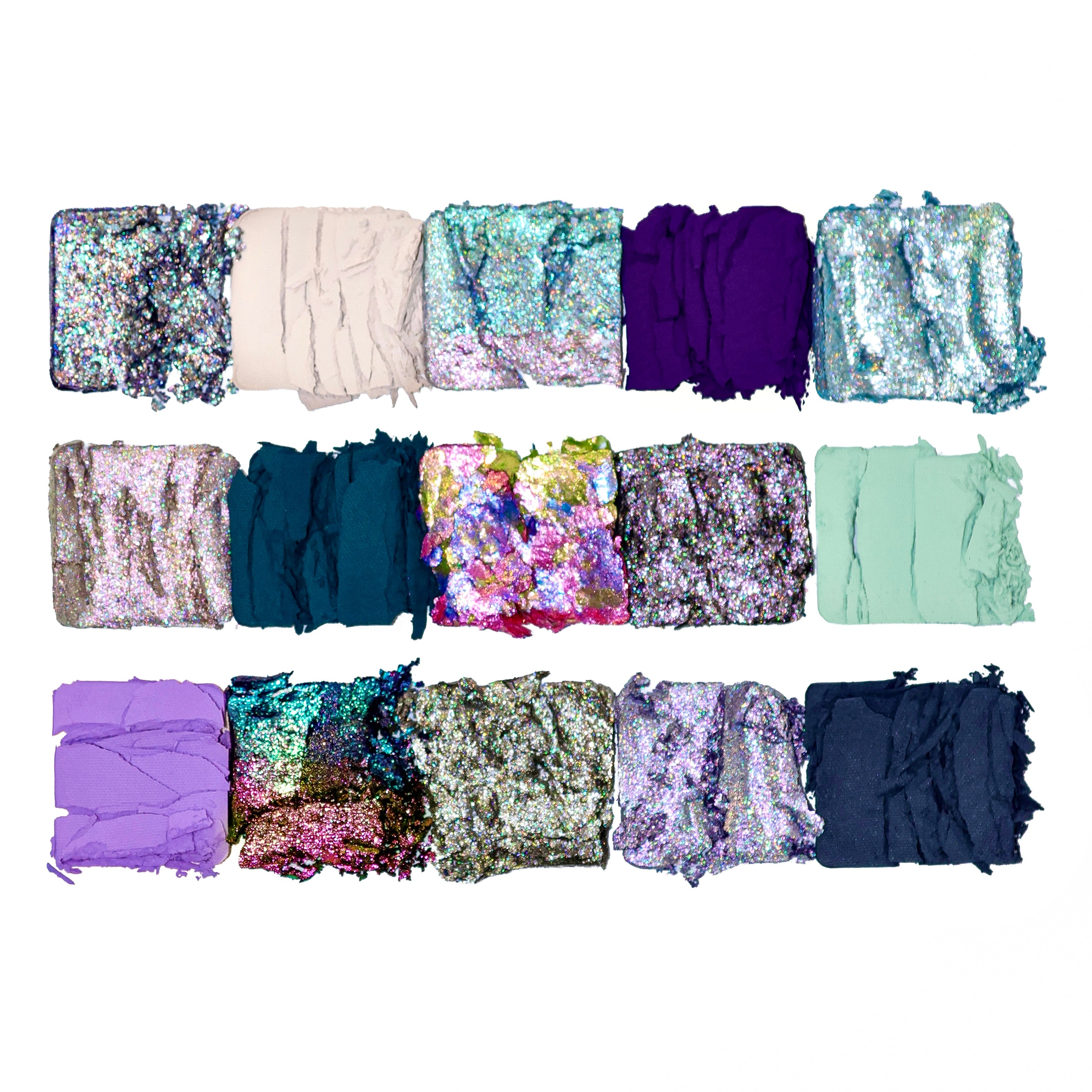 Collection of colorful sequin eyeshadow Sapphire Selene on a white background