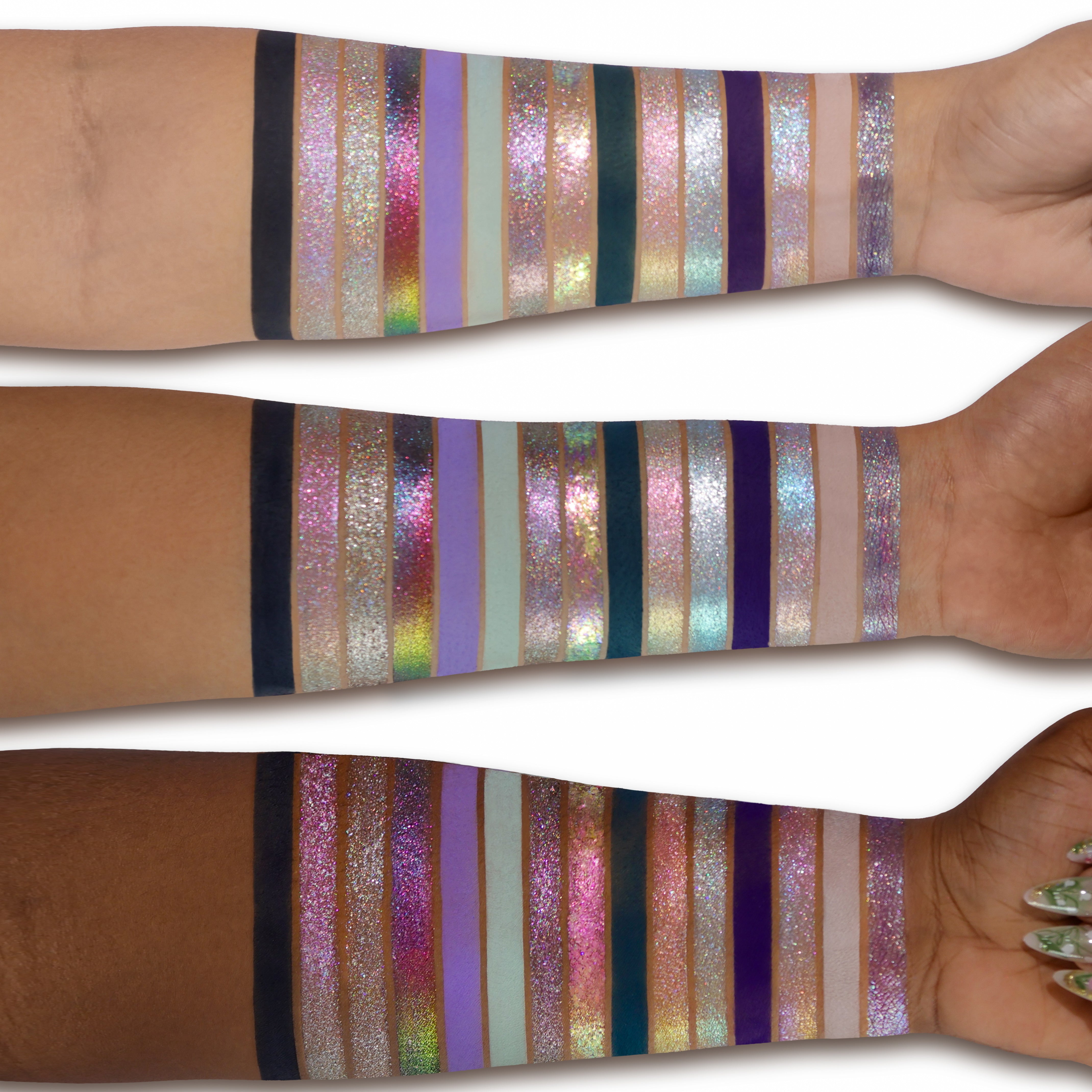 Multicolored striped arm sleeve on a person's arm against a white background
