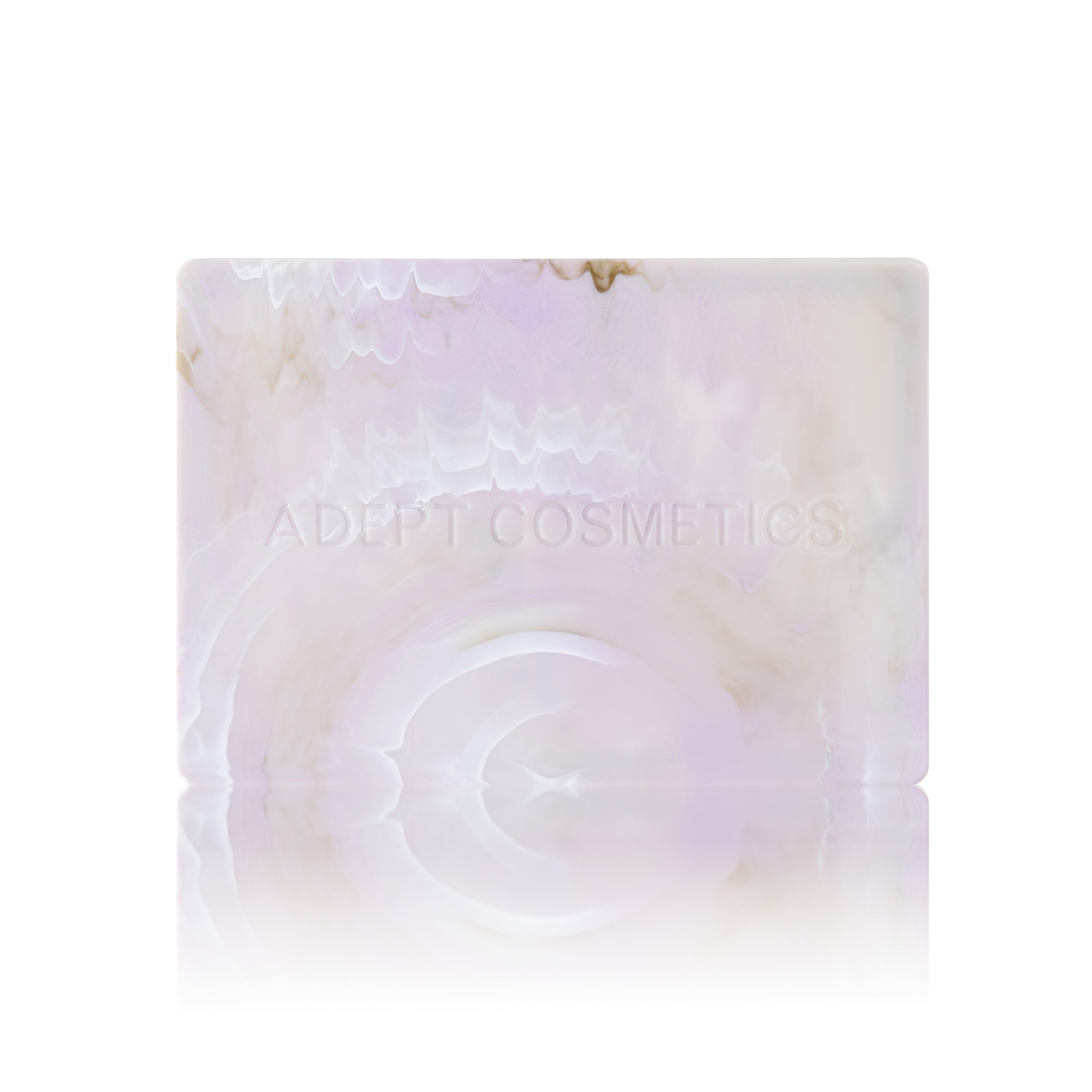 A rectangular bar of Adept Cosmetics soap with a pale lavender and white agate-like marbled pattern, shown on a clean white background with a soft reflection below.