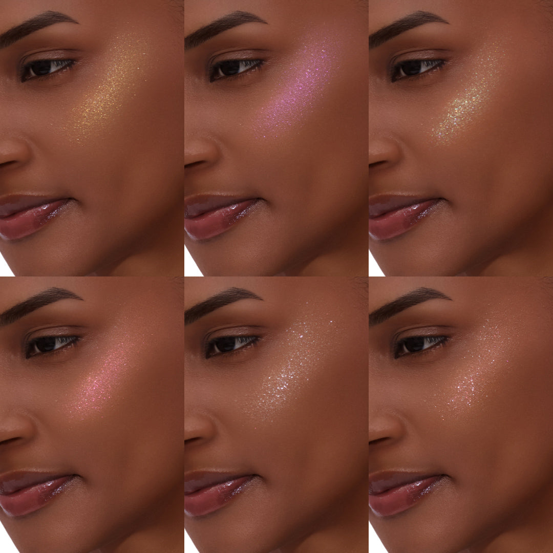 Collage of a woman's face with different makeup looks on a white background